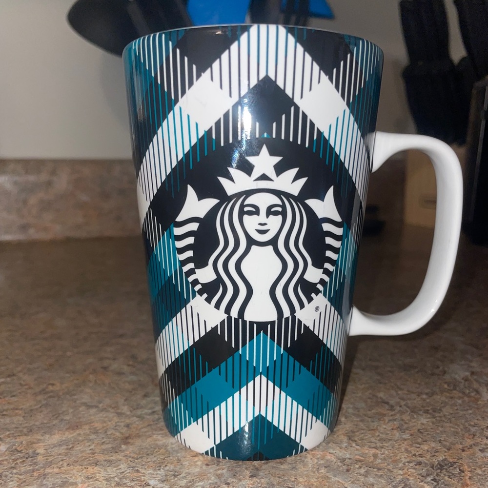16oz Teal/black/white plaid starbucks mug